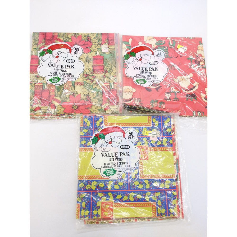 Cleo Vintage Christmas Gift Wrap Lot  Santa Poinsettia 6 Patterns 36 Sheets